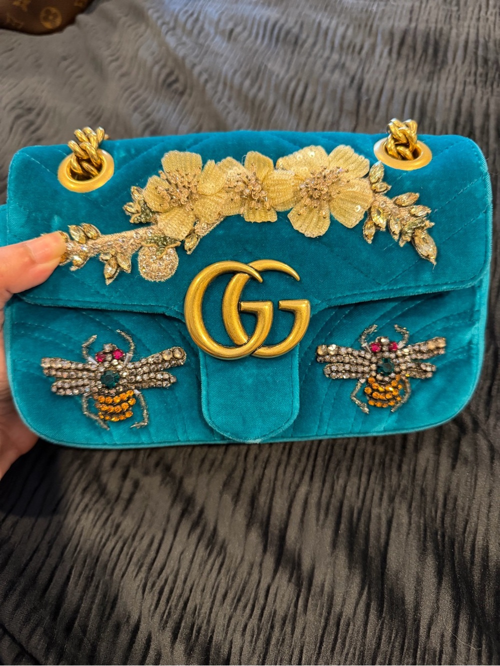 Gucci Teal Velvet Embellished Marmont bag with gold chain